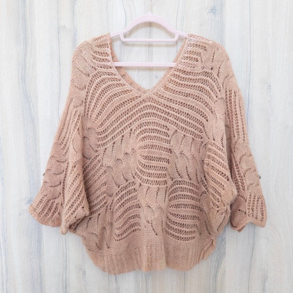 Sweaters - Womens Boho Open Knit Batwing Sweater Size L/XL Blush Tan Oversized Cottage Cozy